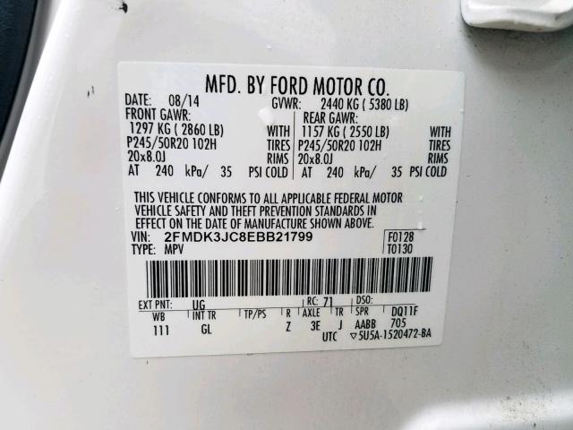 2FMDK3JC8EBB21799 - 2014 FORD EDGE SEL WHITE photo 10