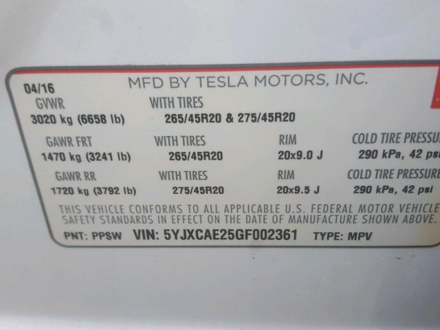 5YJXCAE25GF002361 - 2016 TESLA MODEL X WHITE photo 10