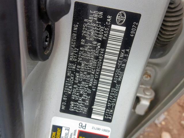 4T1BF1FK8CU048246 - 2012 TOYOTA CAMRY BASE SILVER photo 10