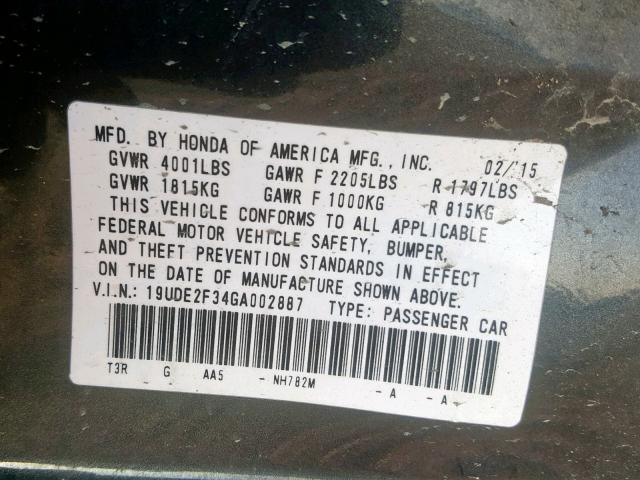 19UDE2F34GA002887 - 2016 ACURA ILX BASE W رمادي صورة 10