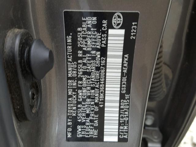 4T1BK36B46U067162 - 2006 TOYOTA AVALON XL CHARCOAL photo 10