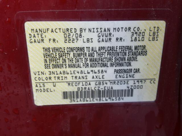 3N1AB61E48L696584 - 2008 NISSAN SENTRA 2.0 RED photo 10