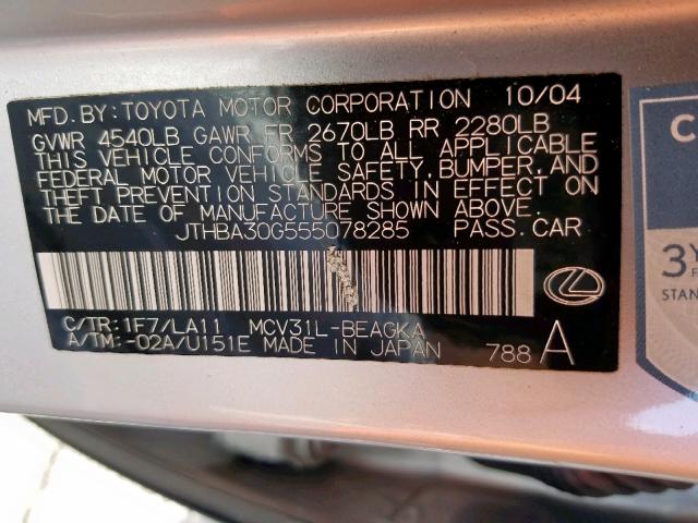 JTHBA30G555078285 - 2005 LEXUS ES 330 SILVER photo 10