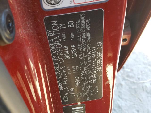 KNAFU4A21A5294421 - 2010 KIA FORTE EX RED photo 10