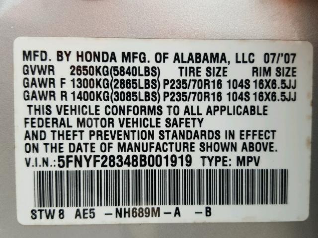 5FNYF28348B001919 - 2008 HONDA PILOT SE SILVER photo 10