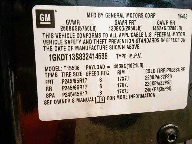 1GKDT13S832414636 - 2003 GMC ENVOY CHARCOAL photo 10