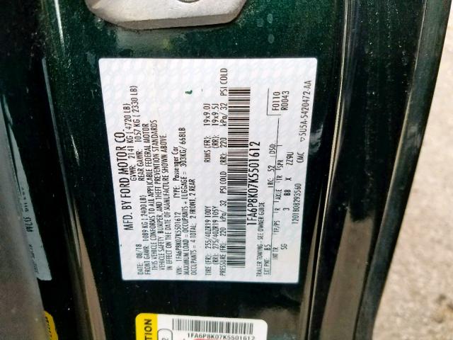 1FA6P8K07K5501612 - 2019 FORD MUSTANG BU GREEN photo 10