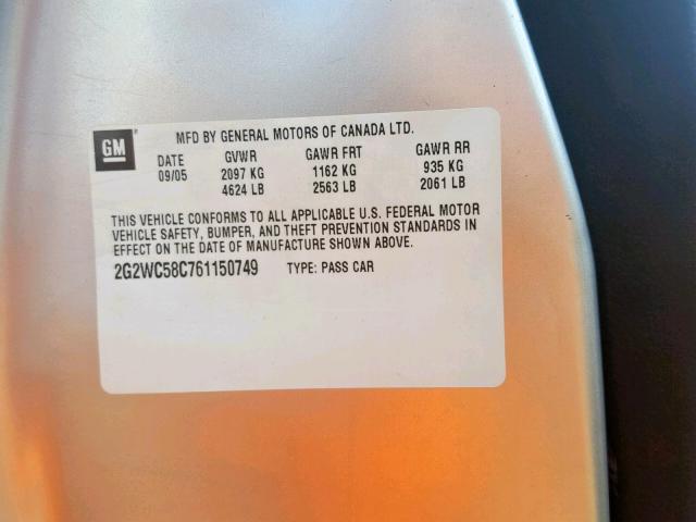 2G2WC58C761150749 - 2006 PONTIAC GRAND PRIX Արծաթագույն լուսանկար 10