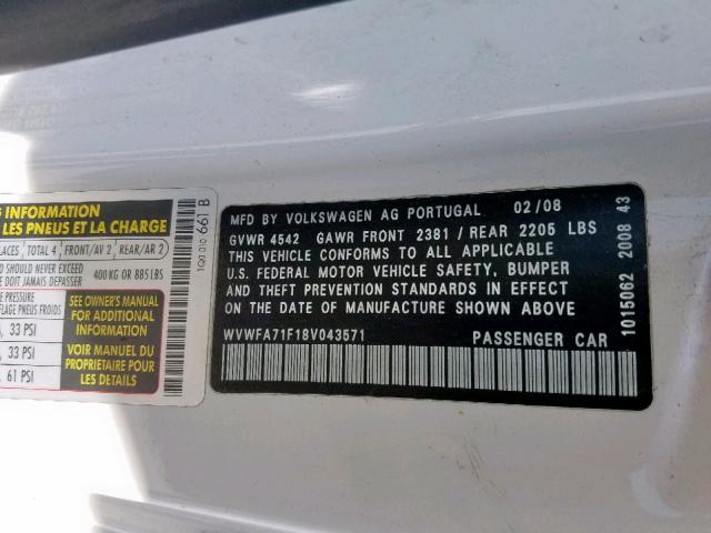 WVWFA71F18V043571 - 2008 VOLKSWAGEN EOS LUX 白色 照片 10