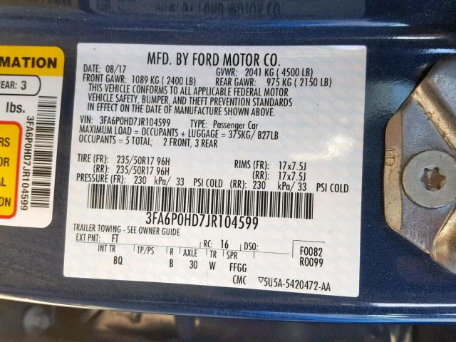 3FA6P0HD7JR104599 - 2018 FORD FUSION SE BLUE photo 10