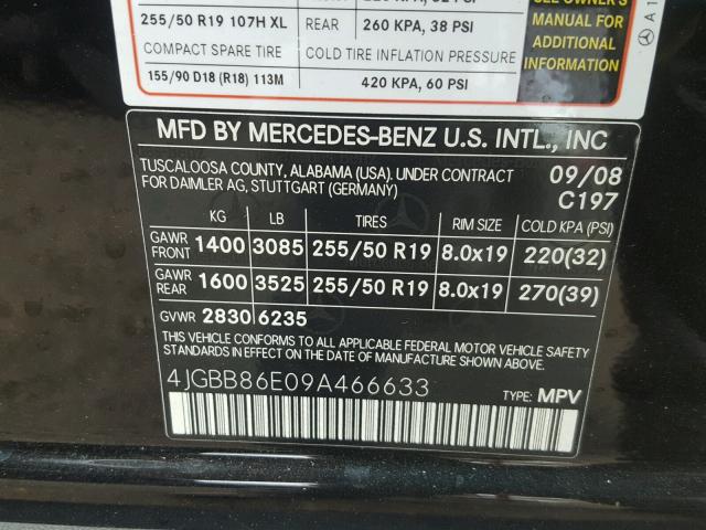 4JGBB86E09A466633 - 2009 MERCEDES-BENZ ML 350 BLACK photo 10