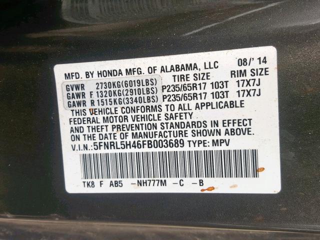 5FNRL5H46FB003689 - 2015 HONDA ODYSSEY EX GRAY photo 10