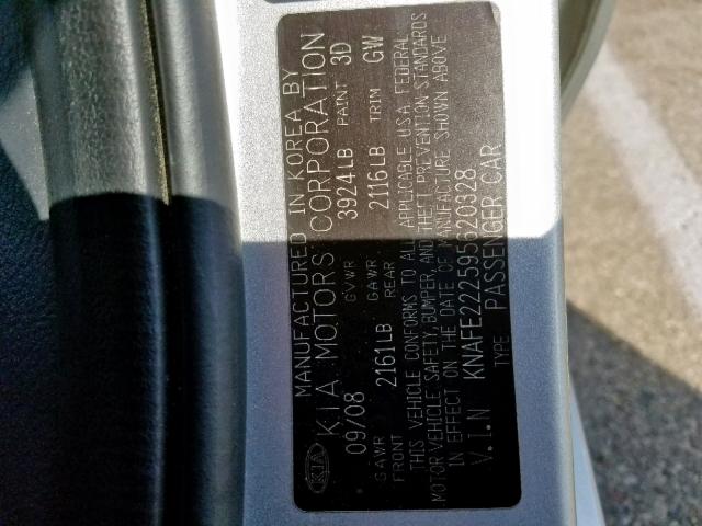 KNAFE222595620328 - 2009 KIA SPECTRA EX SILVER photo 10