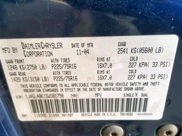 1J4GL48K15W581798 - 2005 JEEP LIBERTY SP BLUE photo 10