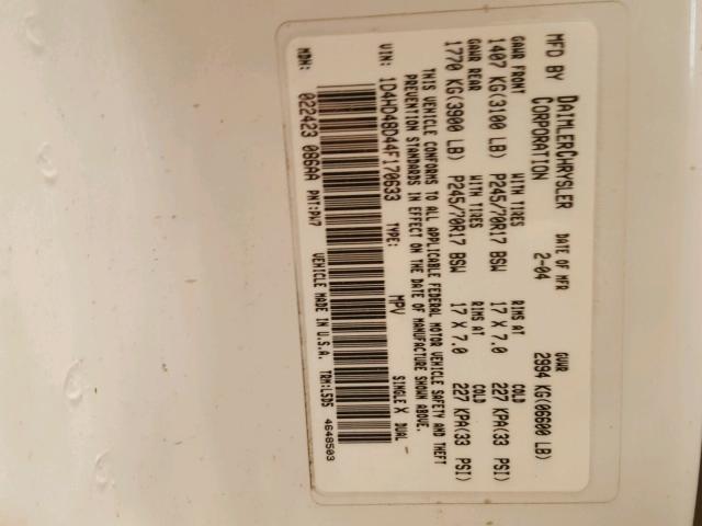 1D4HD48D44F170633 - 2004 DODGE DURANGO SL WHITE photo 10