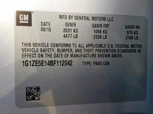 1G1ZE5E14BF112042 - 2011 CHEVROLET MALIBU LTZ ვერცხლისფერი ფოტო 10