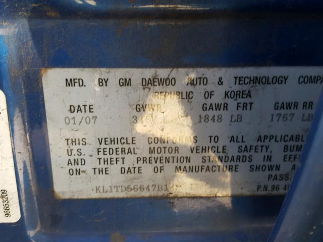 KL1TD56647B143341 - 2007 CHEVROLET AVEO BASE Mavi foto 10