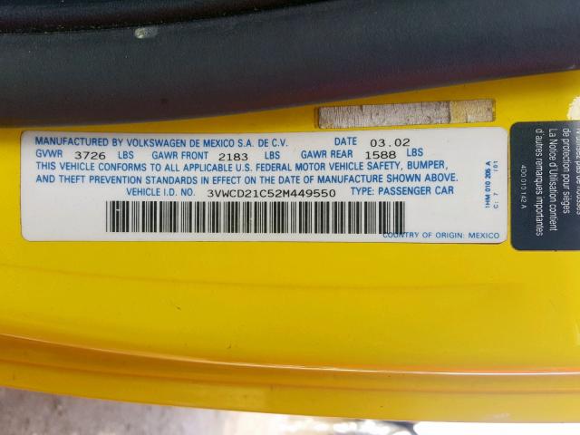 3VWCD21C52M449550 - 2002 VOLKSWAGEN NEW BEETLE 黄色 照片 10