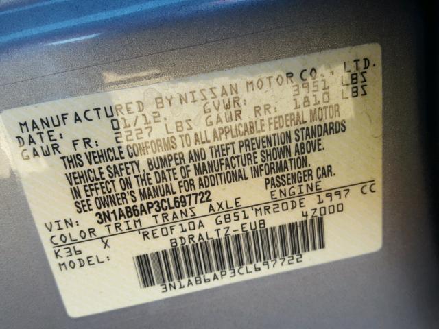 3N1AB6AP3CL697722 - 2012 NISSAN SENTRA 2.0 GRAY photo 10