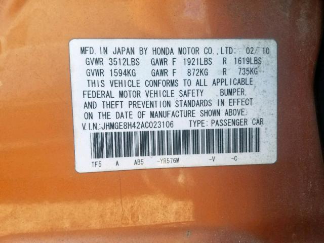 JHMGE8H42AC023106 - 2010 HONDA FIT SPORT ORANGE photo 10