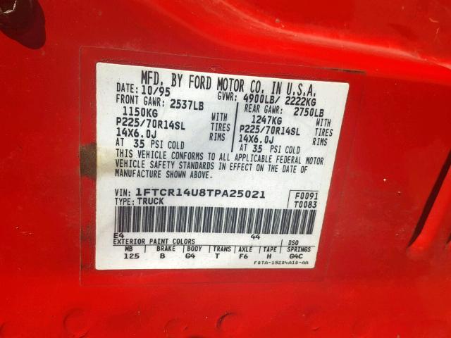 1FTCR14U8TPA25021 - 1996 FORD RANGER SUP RED photo 10