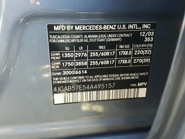 4JGAB57E54A495157 - 2004 MERCEDES-BENZ ML 350 BLUE photo 10