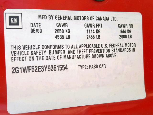 2G1WF52E3Y9361554 - 2000 CHEVROLET IMPALA RED photo 10