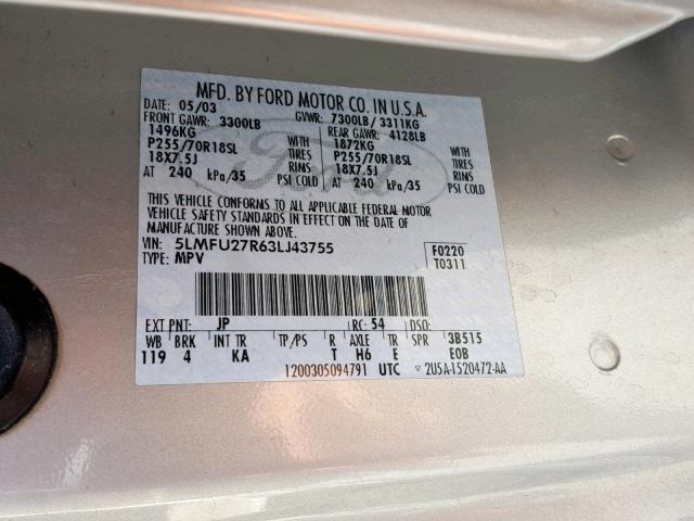 5LMFU27R63LJ43755 - 2003 LINCOLN NAVIGATOR GRAY photo 10