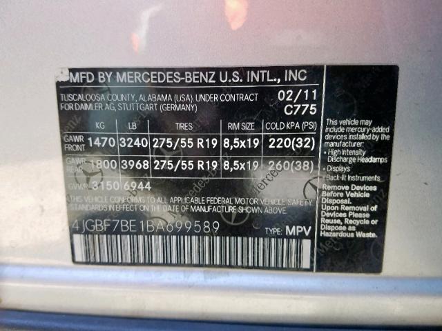 4JGBF7BE1BA699589 - 2011 MERCEDES-BENZ GL 450 4MA SILVER photo 10