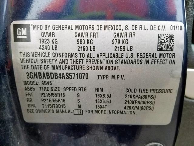 3GNBABDB4AS571070 - 2010 CHEVROLET HHR LT BLUE photo 10