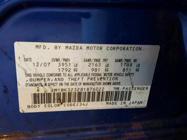 JM1BK323281876022 - 2008 MAZDA 3 S BLUE photo 10