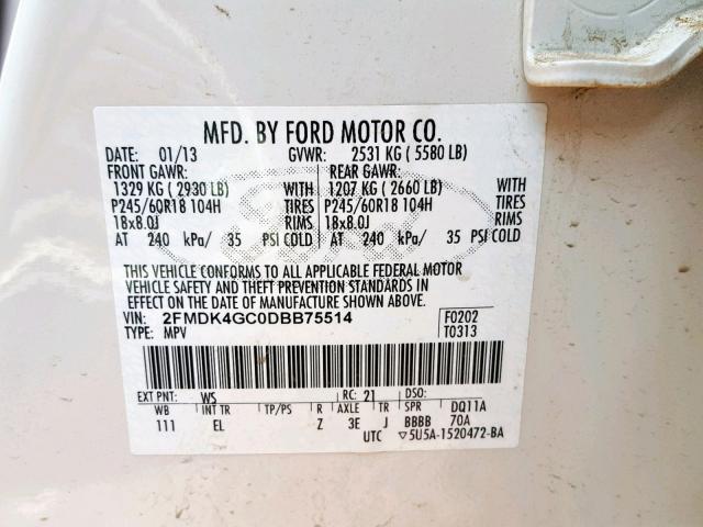 2FMDK4GC0DBB75514 - 2013 FORD EDGE SE WHITE photo 10