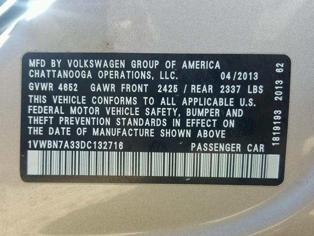 1VWBN7A33DC132716 - 2013 VOLKSWAGEN PASSAT SE SILVER photo 10