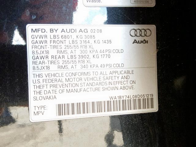 WA1BY74L08D051219 - 2008 AUDI Q7 3.6 QUA BLACK photo 10