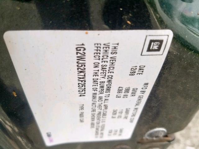 1G2WJ52K7XF257574 - 1999 PONTIAC GRAND PRIX GREEN photo 10