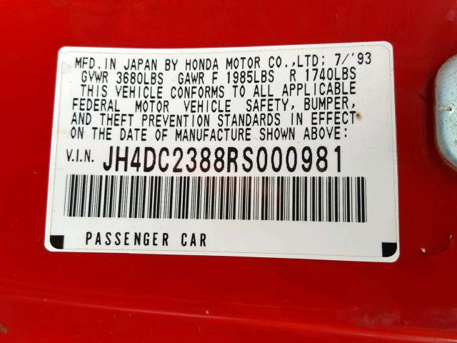 JH4DC2388RS000981 - 1994 ACURA INTEGRA GS RED photo 10