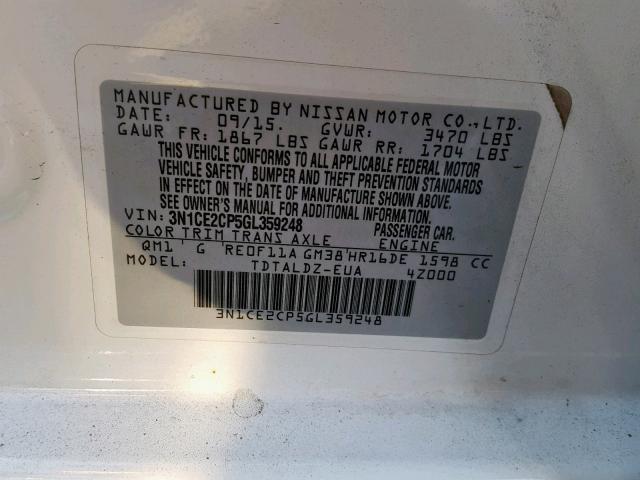 3N1CE2CP5GL359248 - 2016 NISSAN VERSA NOTE WHITE photo 10