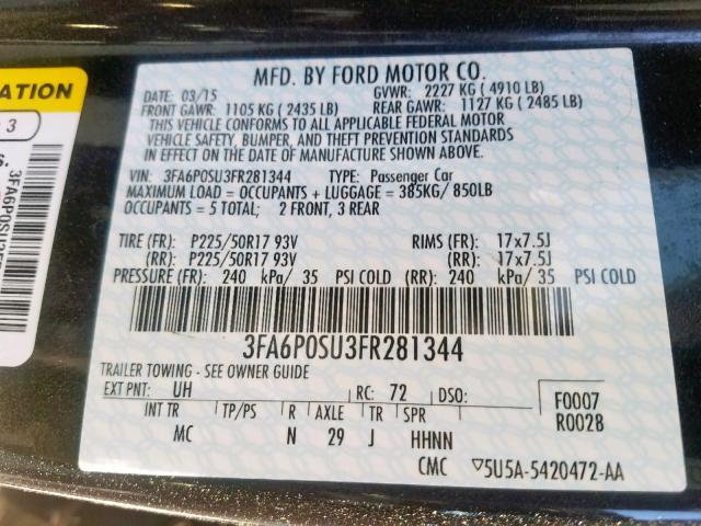 3FA6P0SU3FR281344 - 2015 FORD FUSION TIT BLACK photo 10