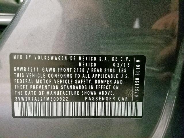 3VW2K7AJ2FM300922 - 2015 VOLKSWAGEN JETTA BASE GRAY photo 10