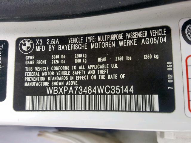 WBXPA73484WC35144 - 2004 BMW X3 2.5I WHITE photo 10