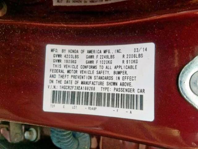 1HGCR2F3XEA188268 - 2014 HONDA ACCORD LX RED photo 10