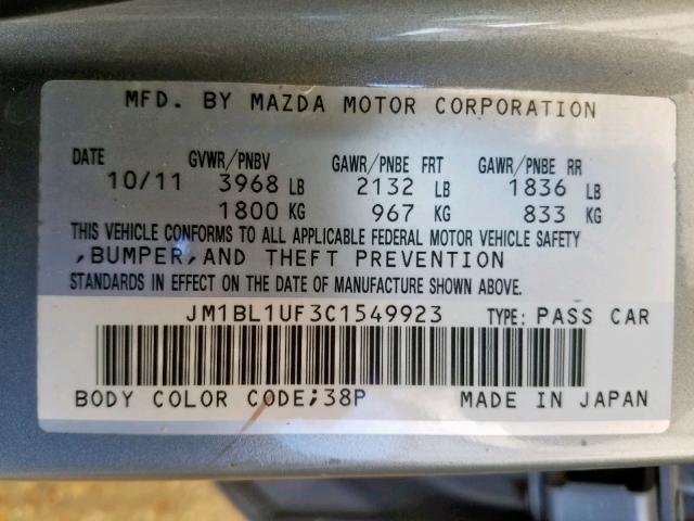 JM1BL1UF3C1549923 - 2012 MAZDA 3 I SILVER photo 10