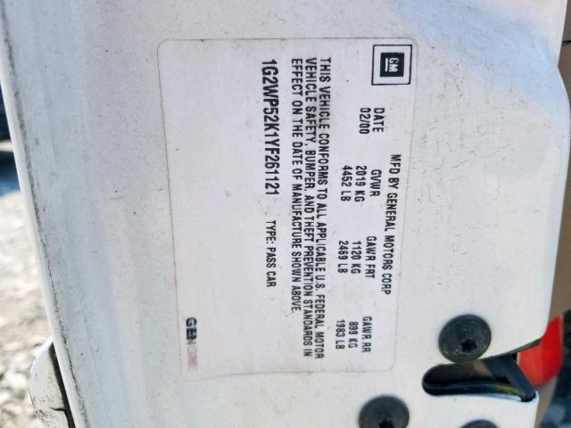 1G2WP52K1YF261121 - 2000 PONTIAC GRAND PRIX WHITE photo 10