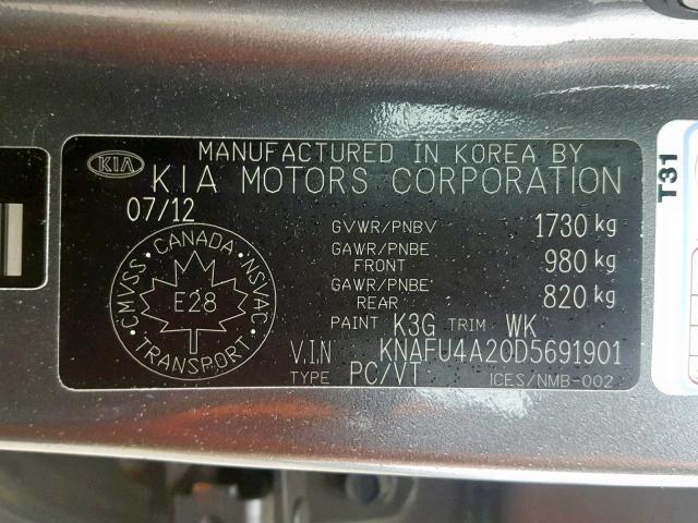 KNAFU4A20D5691901 - 2013 KIA FORTE EX GRAY photo 10