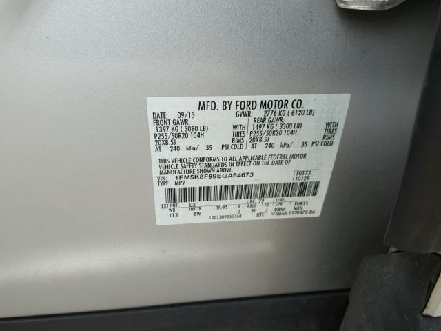 1FM5K8F89EGA64673 - 2014 FORD EXPLORER L SILVER photo 10