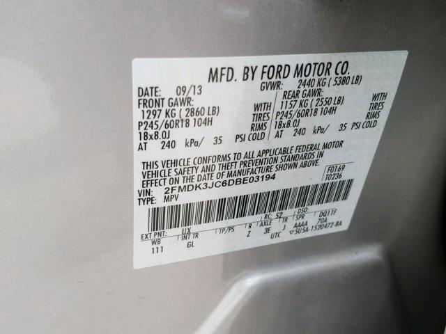 2FMDK3JC6DBE03194 - 2013 FORD EDGE SEL SILVER photo 10