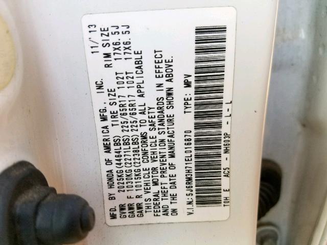 5J6RM3H71EL016870 - 2014 HONDA CR-V EXL WHITE photo 10