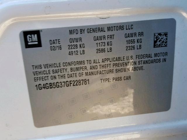 1G4GB5G37GF228781 - 2016 BUICK LACROSSE WHITE photo 10