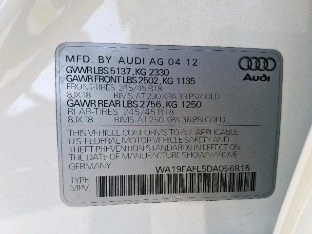 WA19FAFL5DA056815 - 2013 AUDI A4 ALLROAD WHITE photo 10