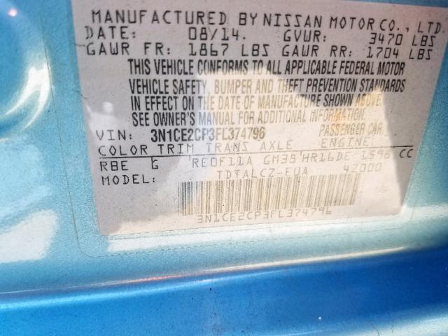 3N1CE2CP3FL374796 - 2015 NISSAN VERSA NOTE BLUE photo 10